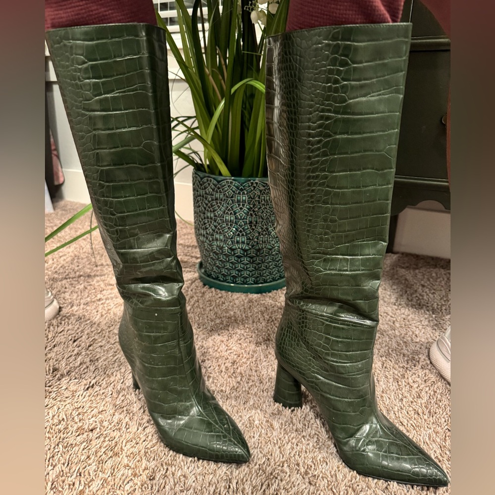 Faux Alligator Knee High Green Boots